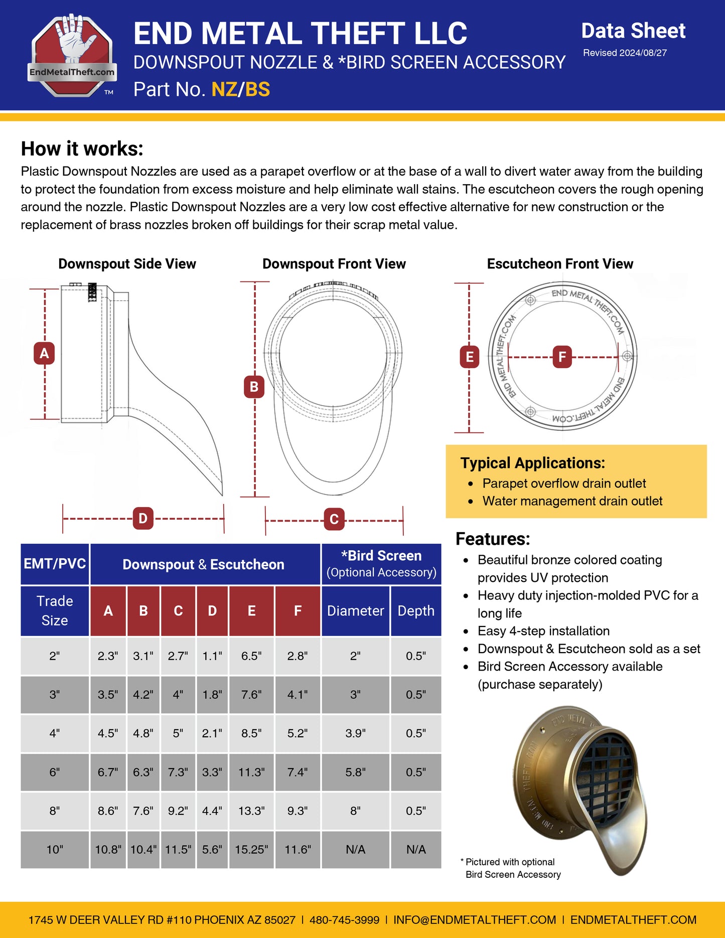 Plastic Downspout Nozzle - 2", 3", 4", 6", 8" and 10"