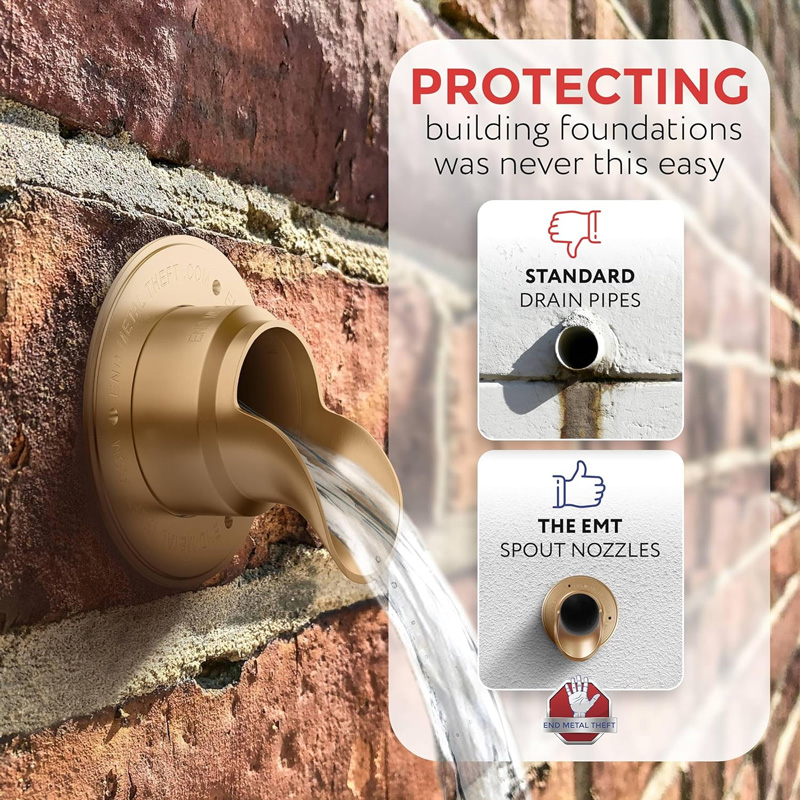 Complete sizing chart for plastic downspout nozzles showing 2-inch through 10-inch options with dimensions